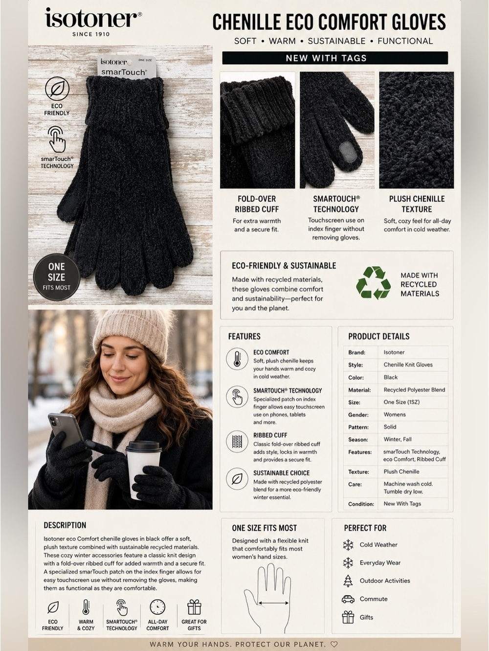 Isotoner Womens Black Chenille eco Comfort smarTouch Gloves One Size NEW